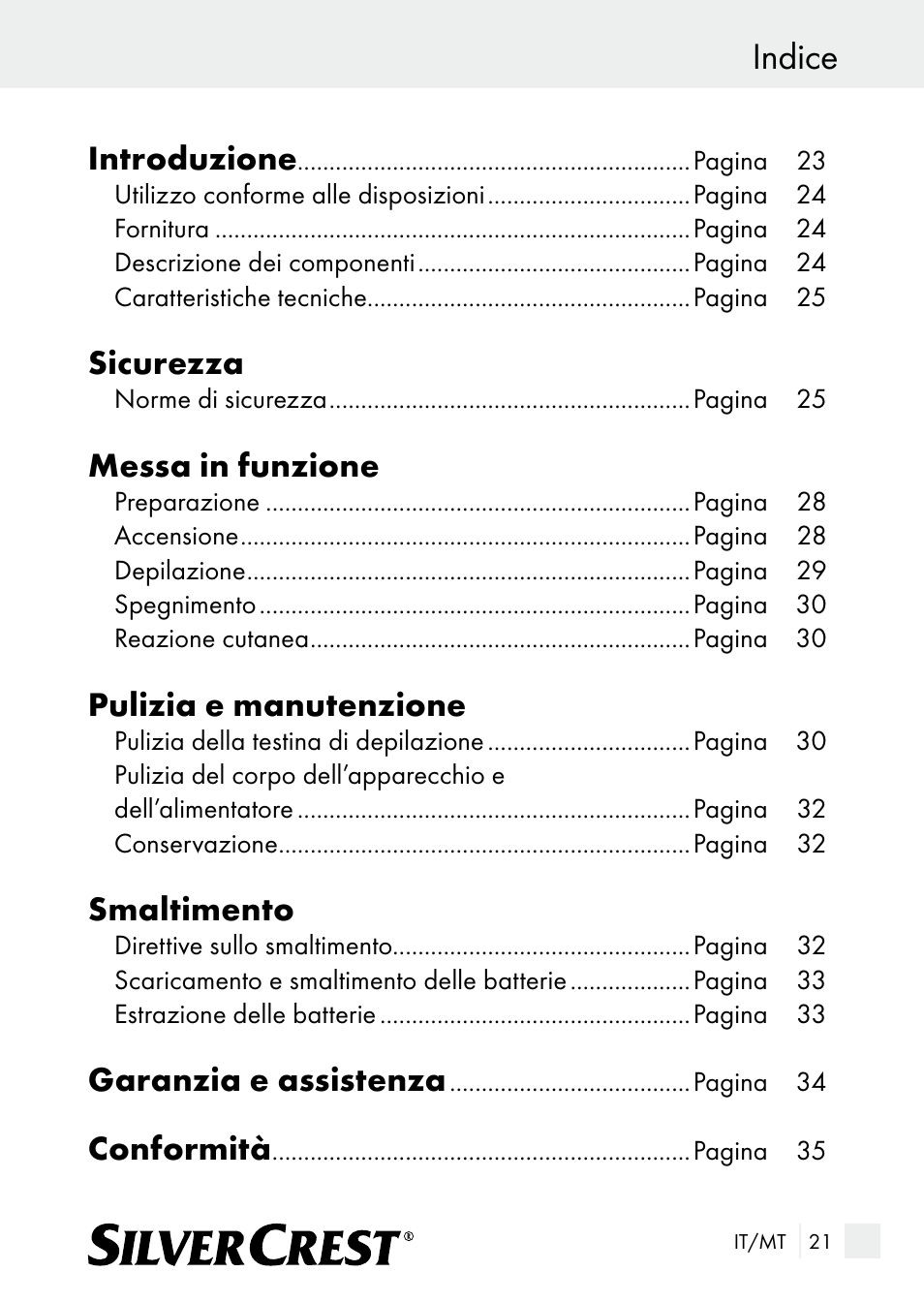 Indice, Introduzione, Sicurezza | Messa in funzione, Pulizia e manutenzione, Smaltimento, Garanzia e assistenza, Conformità | Silvercrest SE 32 A1 User Manual | Page 21 / 85