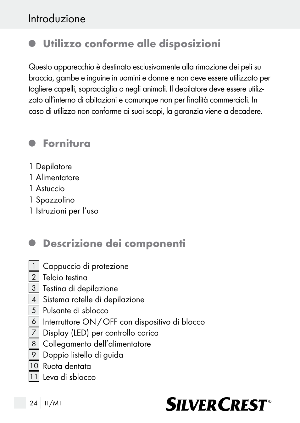 Introduzione, Utilizzo conforme alle disposizioni, Fornitura | Descrizione dei componenti | Silvercrest SE 32 A1 User Manual | Page 24 / 85