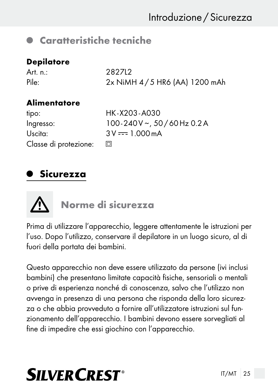 Introduzione / sicurezza, Caratteristiche tecniche, Sicurezza norme di sicurezza | Silvercrest SE 32 A1 User Manual | Page 25 / 85