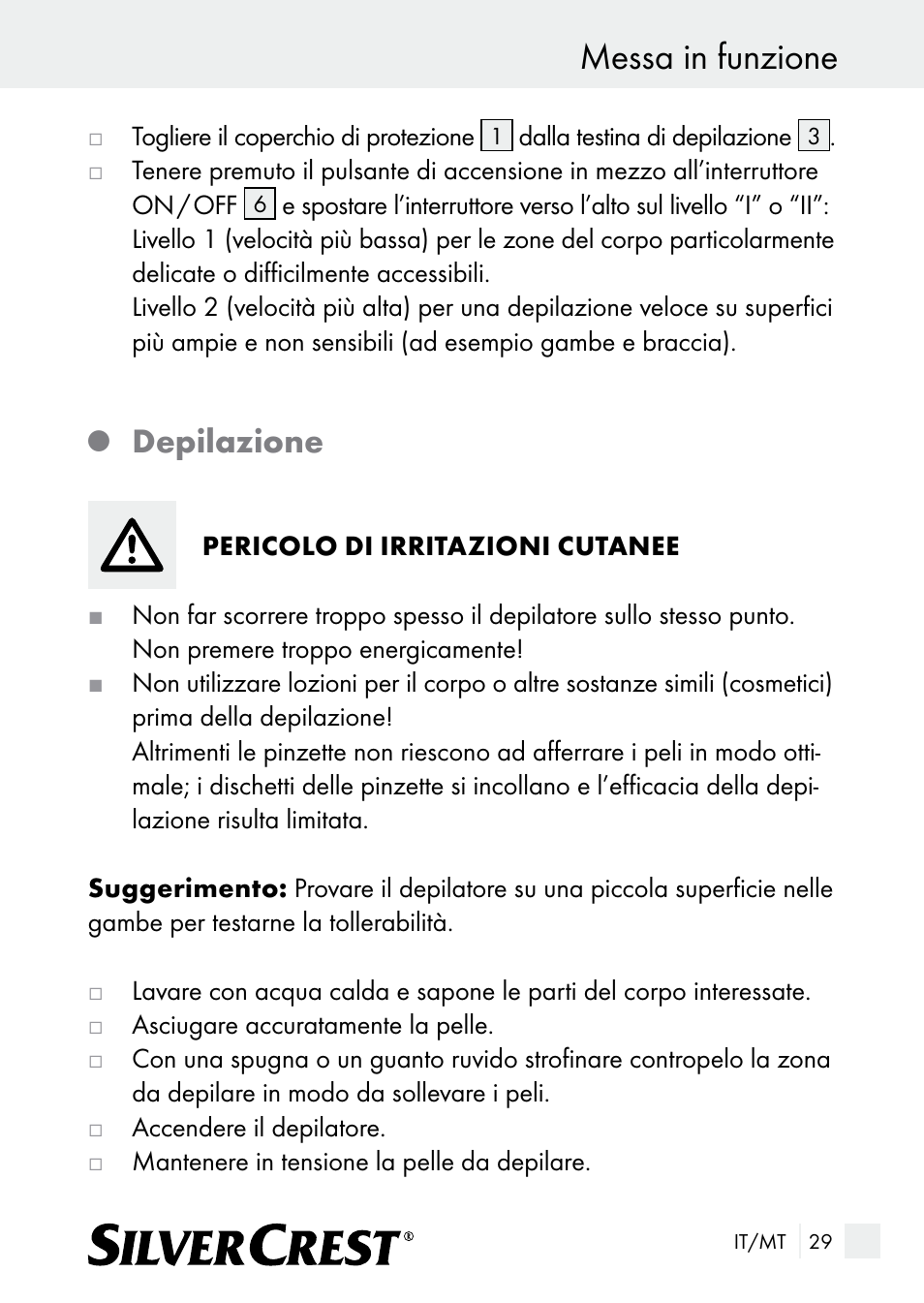 Messa in funzione, Depilazione | Silvercrest SE 32 A1 User Manual | Page 29 / 85