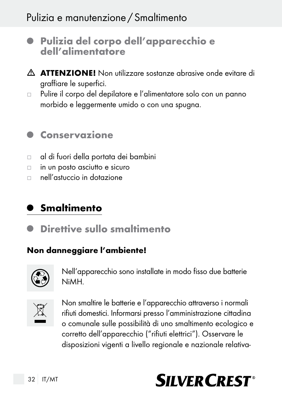 Pulizia e manutenzione / smaltimento, Conservazione, Smaltimento | Direttive sullo smaltimento | Silvercrest SE 32 A1 User Manual | Page 32 / 85