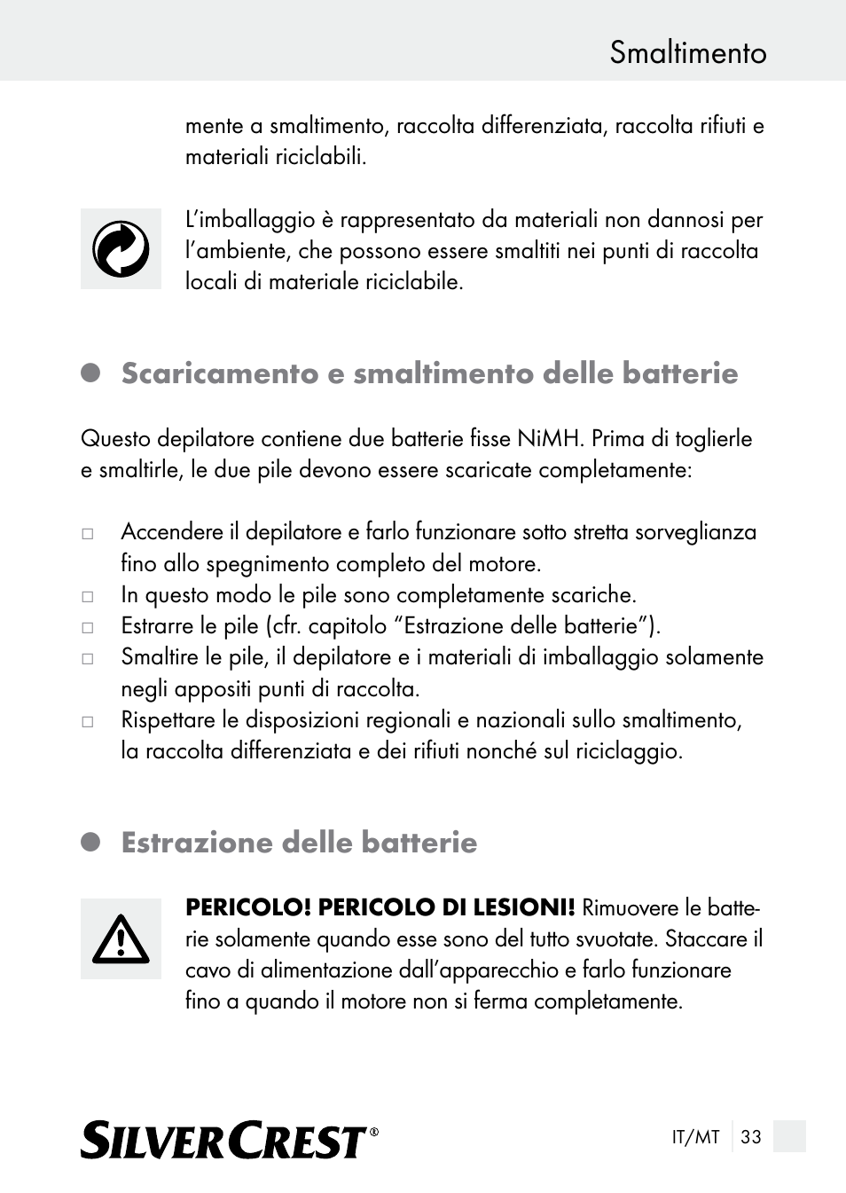 Smaltimento, Scaricamento e smaltimento delle batterie, Estrazione delle batterie | Silvercrest SE 32 A1 User Manual | Page 33 / 85