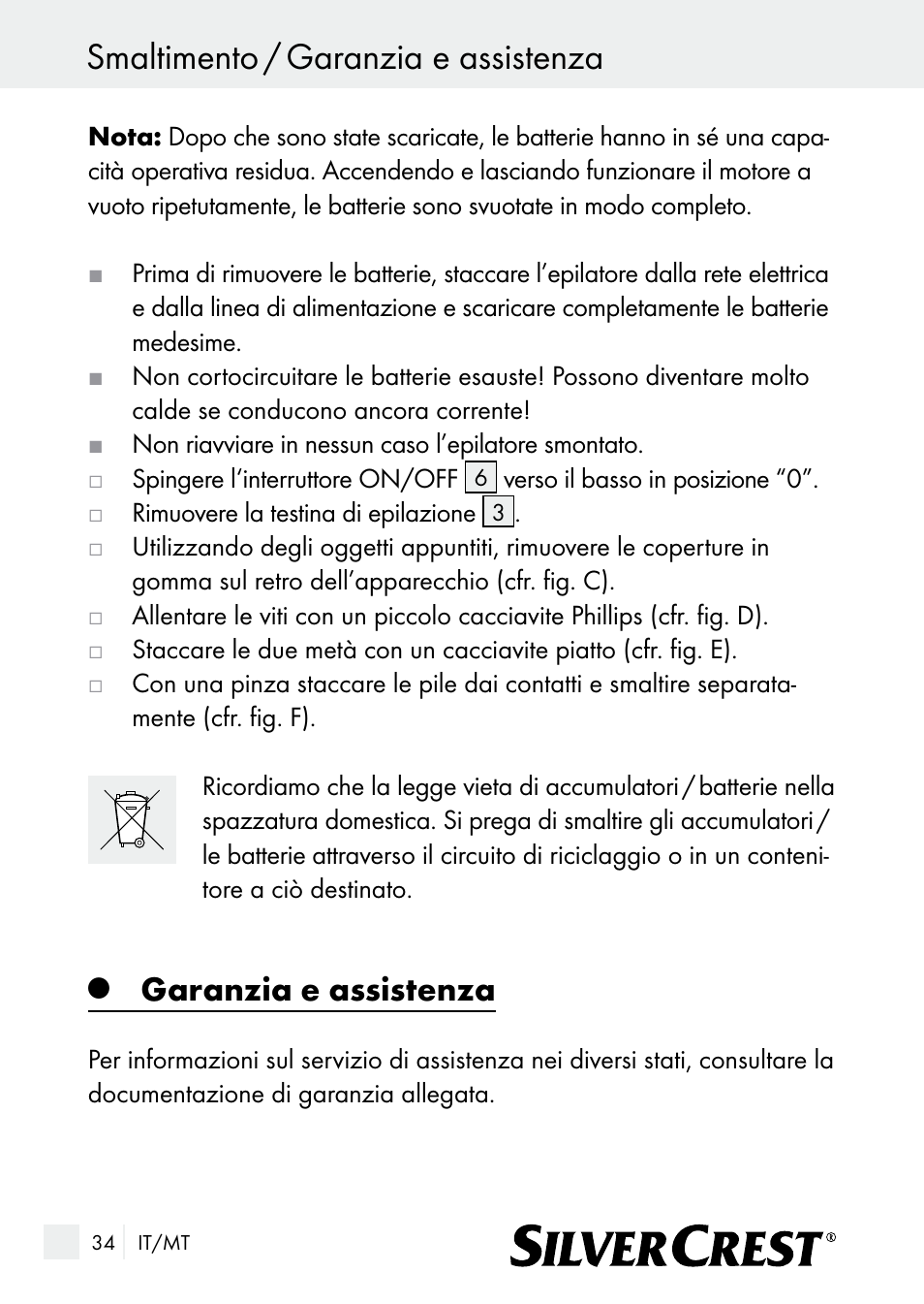 Smaltimento / garanzia e assistenza, Garanzia e assistenza | Silvercrest SE 32 A1 User Manual | Page 34 / 85