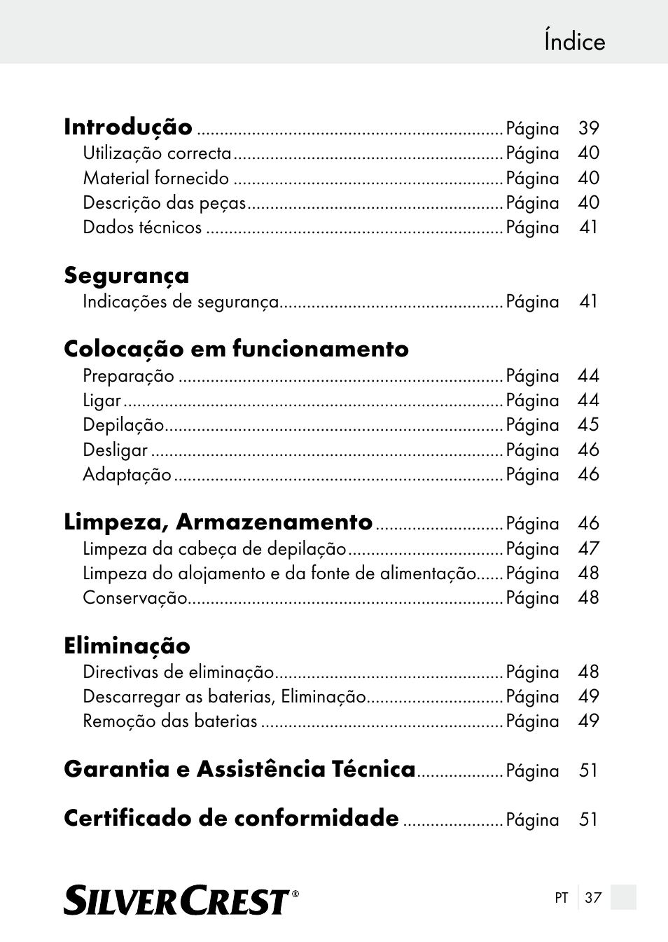 Índice, Introdução, Segurança | Colocação em funcionamento, Limpeza, armazenamento, Eliminação, Garantia e assistência técnica, Certificado de conformidade | Silvercrest SE 32 A1 User Manual | Page 37 / 85