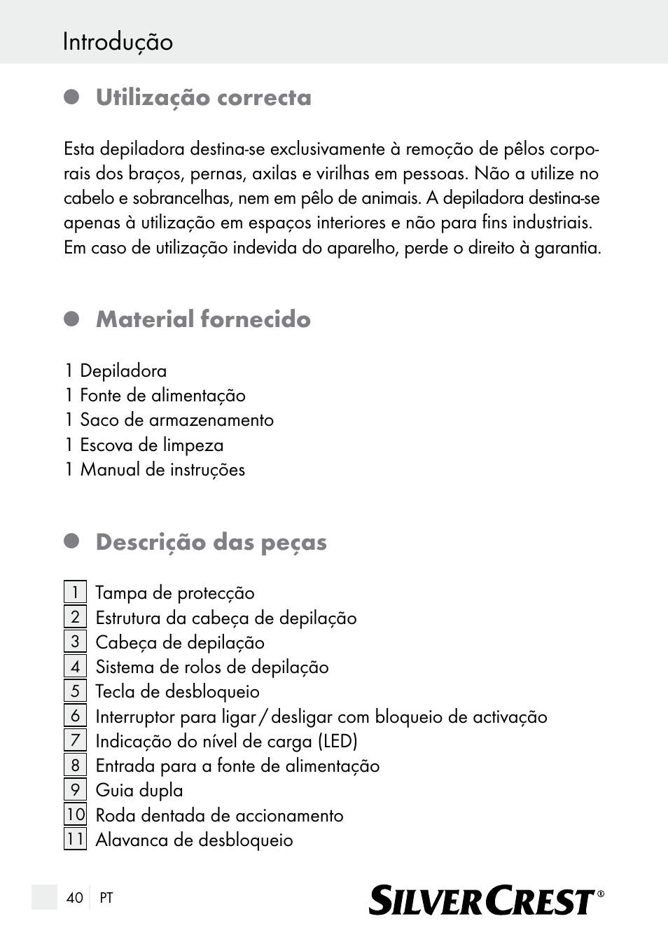 Introdução, Utilização correcta, Material fornecido | Descrição das peças | Silvercrest SE 32 A1 User Manual | Page 40 / 85
