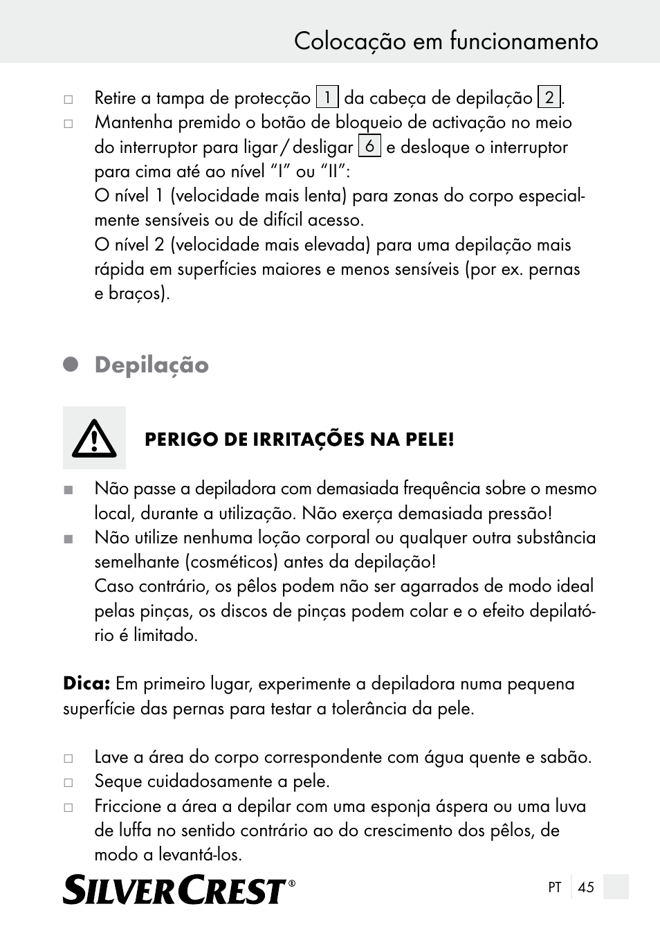 Colocação em funcionamento, Depilação | Silvercrest SE 32 A1 User Manual | Page 45 / 85