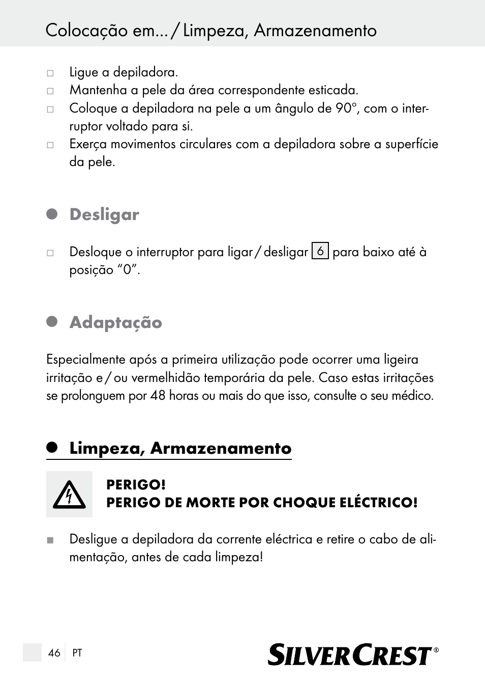 Colocação em... / limpeza, armazenamento, Desligar, Adaptação | Limpeza, armazenamento | Silvercrest SE 32 A1 User Manual | Page 46 / 85