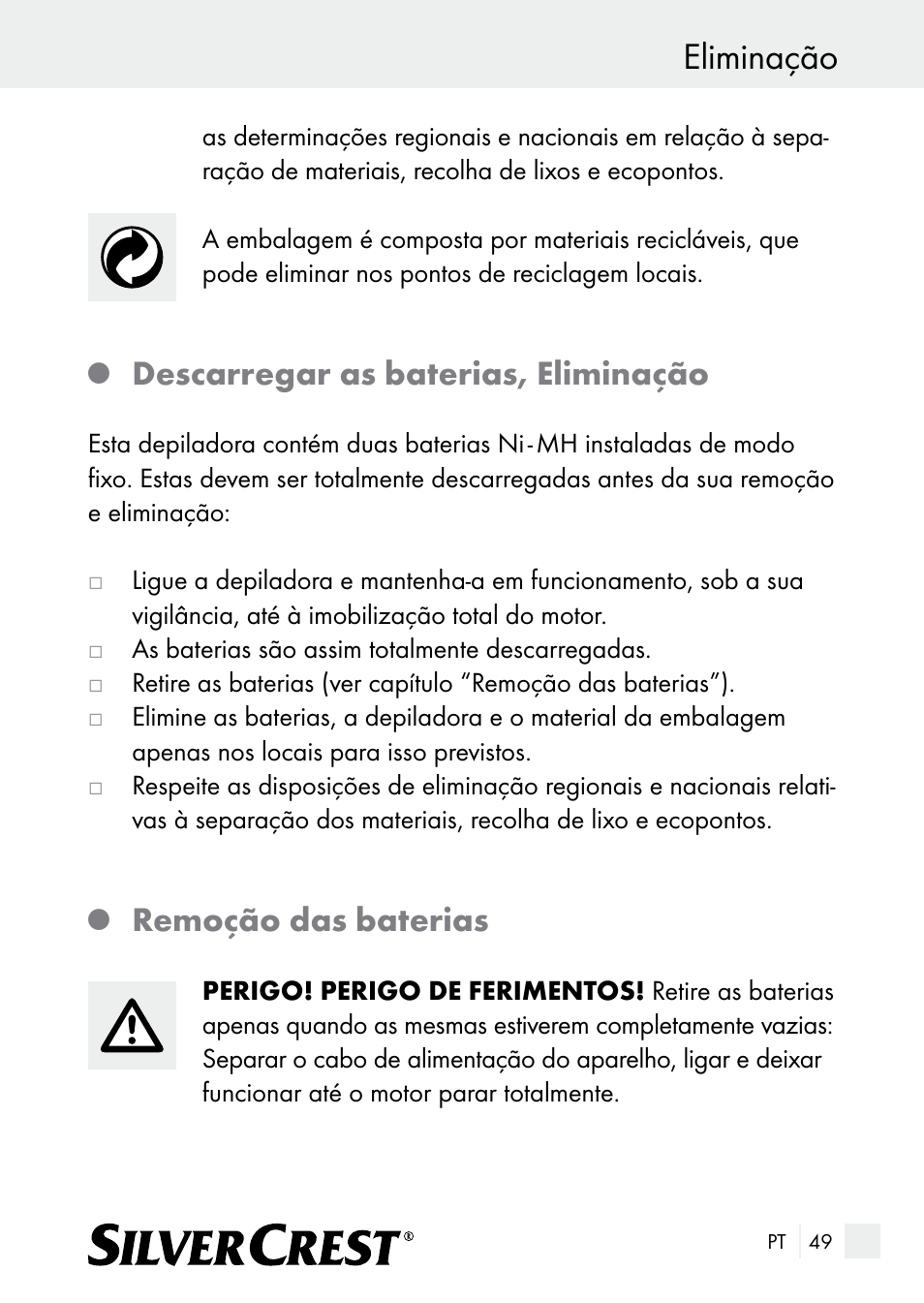 Eliminação, Descarregar as baterias, eliminação, Remoção das baterias | Silvercrest SE 32 A1 User Manual | Page 49 / 85