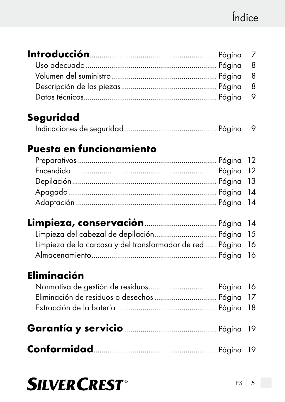 Índice, Introducción, Seguridad | Puesta en funcionamiento, Limpieza, conservación, Eliminación, Garantía y servicio, Conformidad | Silvercrest SE 32 A1 User Manual | Page 5 / 85