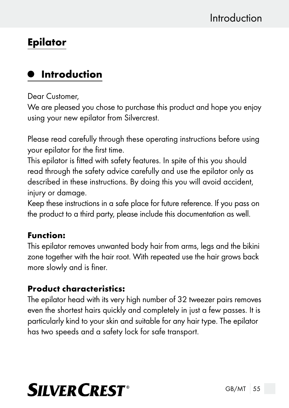 Introduction, Epilator | Silvercrest SE 32 A1 User Manual | Page 55 / 85