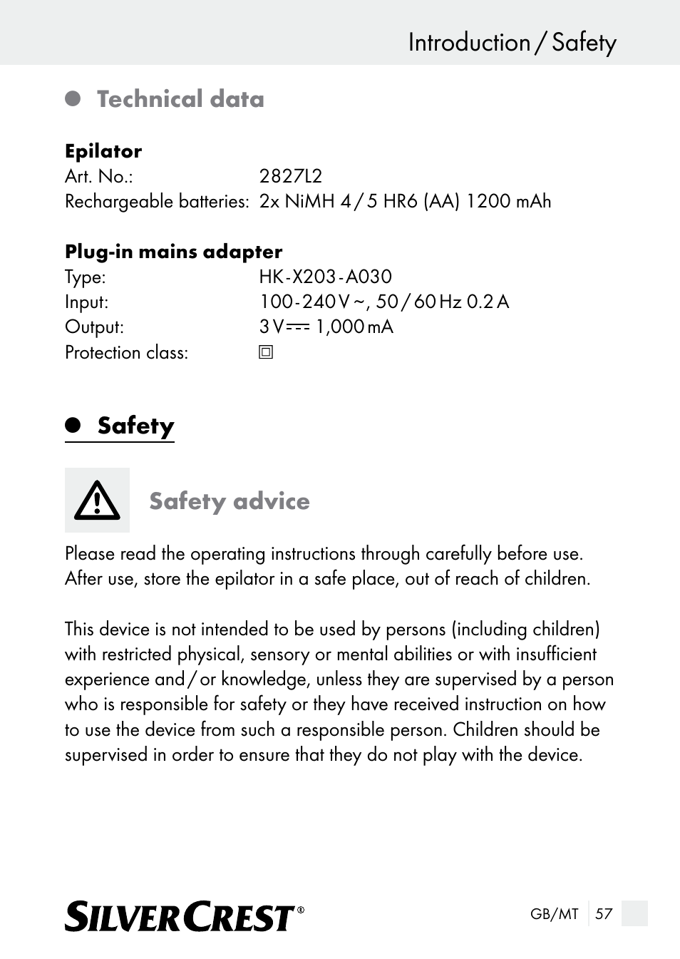 Introduction / safety, Technical data, Safety safety advice | Silvercrest SE 32 A1 User Manual | Page 57 / 85