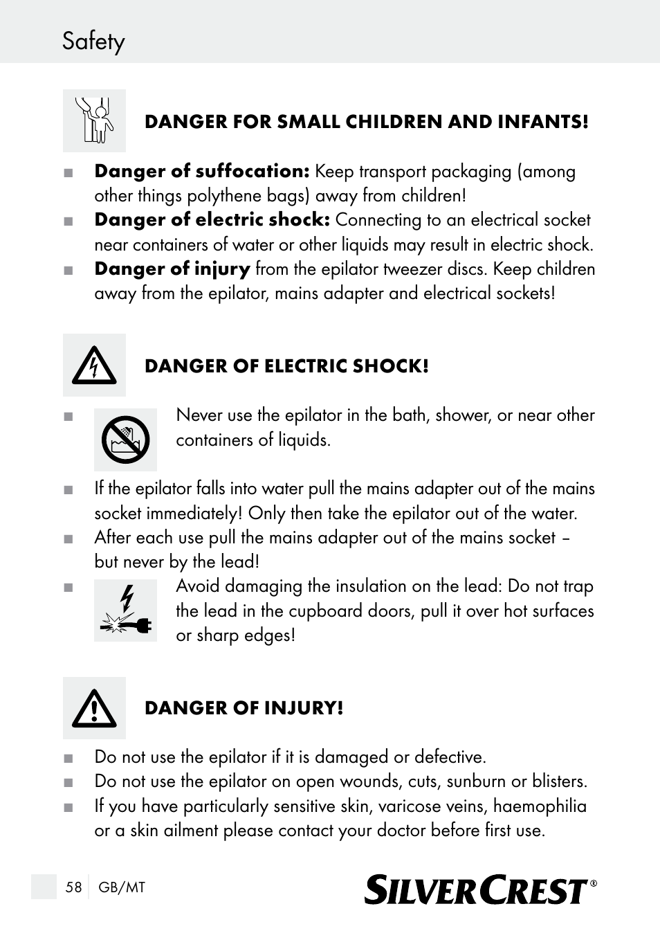 Safety | Silvercrest SE 32 A1 User Manual | Page 58 / 85
