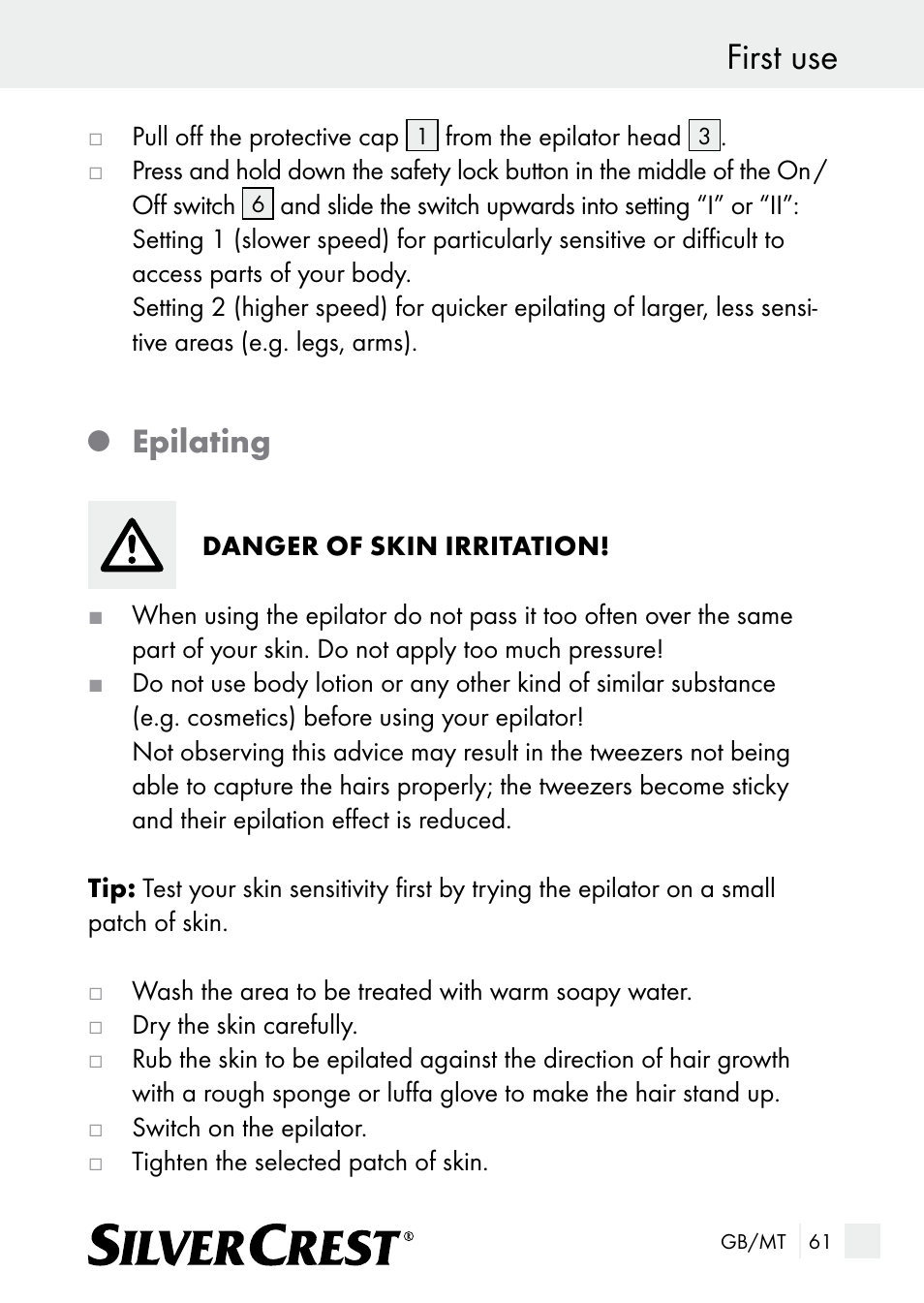 First use, Epilating | Silvercrest SE 32 A1 User Manual | Page 61 / 85