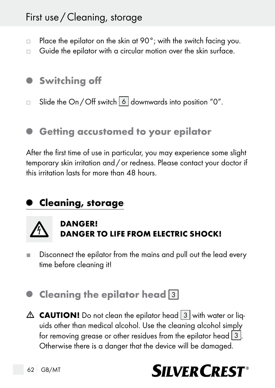 First use / cleaning, storage, Switching off, Getting accustomed to your epilator | Cleaning, storage, Cleaning the epilator head | Silvercrest SE 32 A1 User Manual | Page 62 / 85