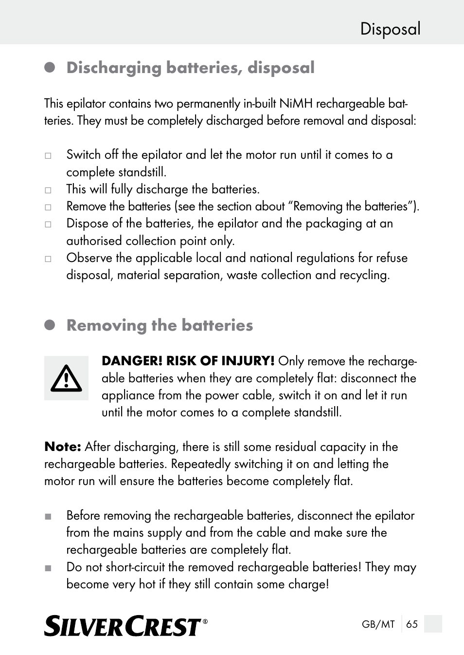 Disposal, Discharging batteries, disposal, Removing the batteries | Silvercrest SE 32 A1 User Manual | Page 65 / 85