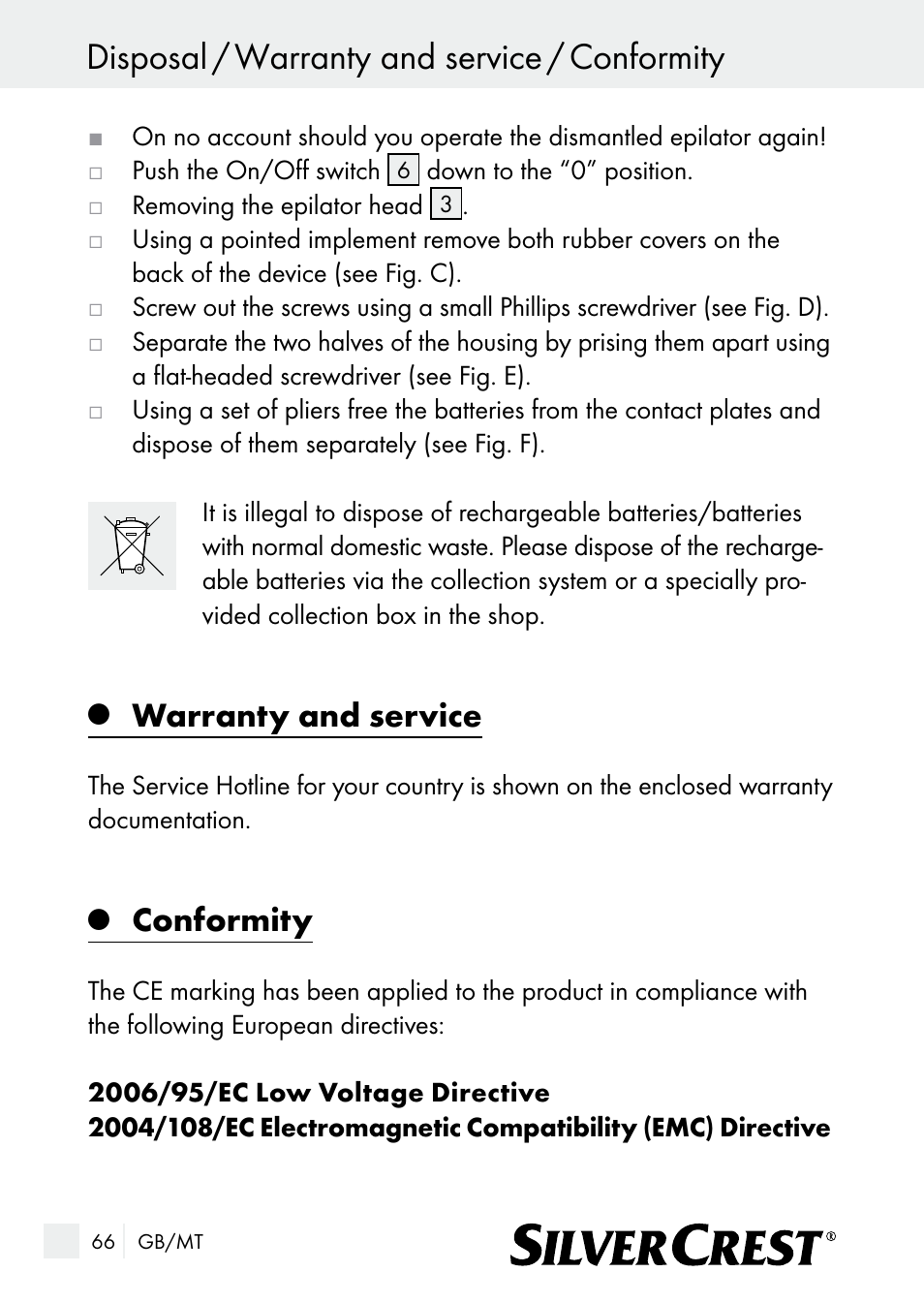 Disposal / warranty and service / conformity, Warranty and service, Conformity | Silvercrest SE 32 A1 User Manual | Page 66 / 85