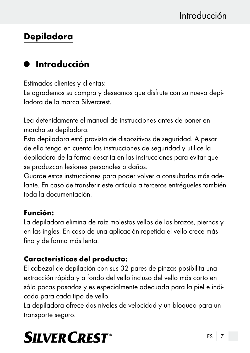 Introducción, Depiladora | Silvercrest SE 32 A1 User Manual | Page 7 / 85