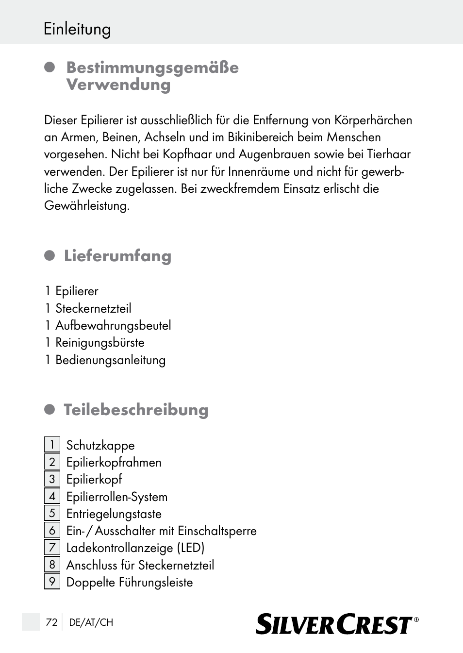 Einleitung, Bestimmungsgemäße verwendung, Lieferumfang | Teilebeschreibung | Silvercrest SE 32 A1 User Manual | Page 72 / 85