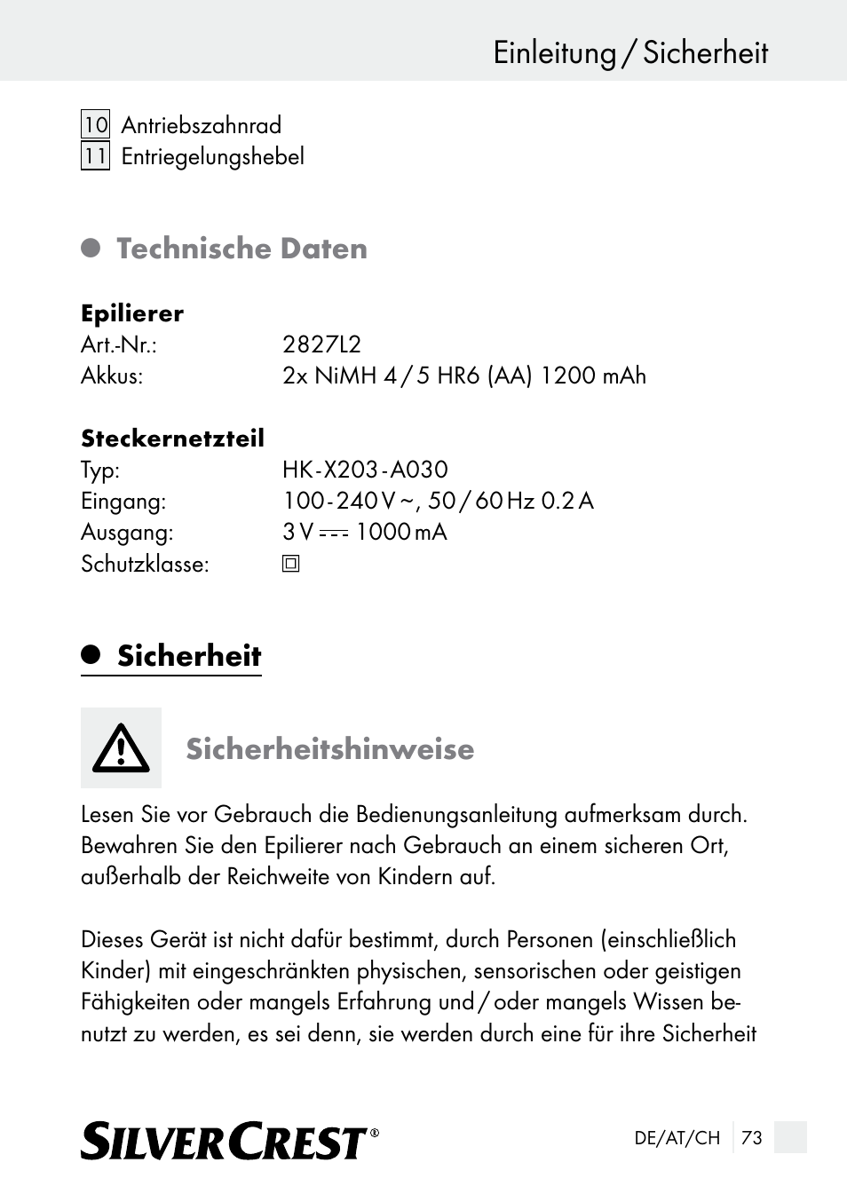 Einleitung / sicherheit, Technische daten, Sicherheit sicherheitshinweise | Silvercrest SE 32 A1 User Manual | Page 73 / 85