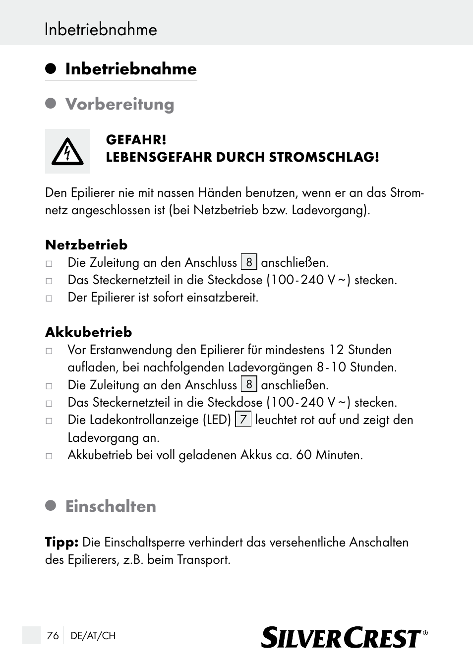Inbetriebnahme, Vorbereitung, Einschalten | Silvercrest SE 32 A1 User Manual | Page 76 / 85
