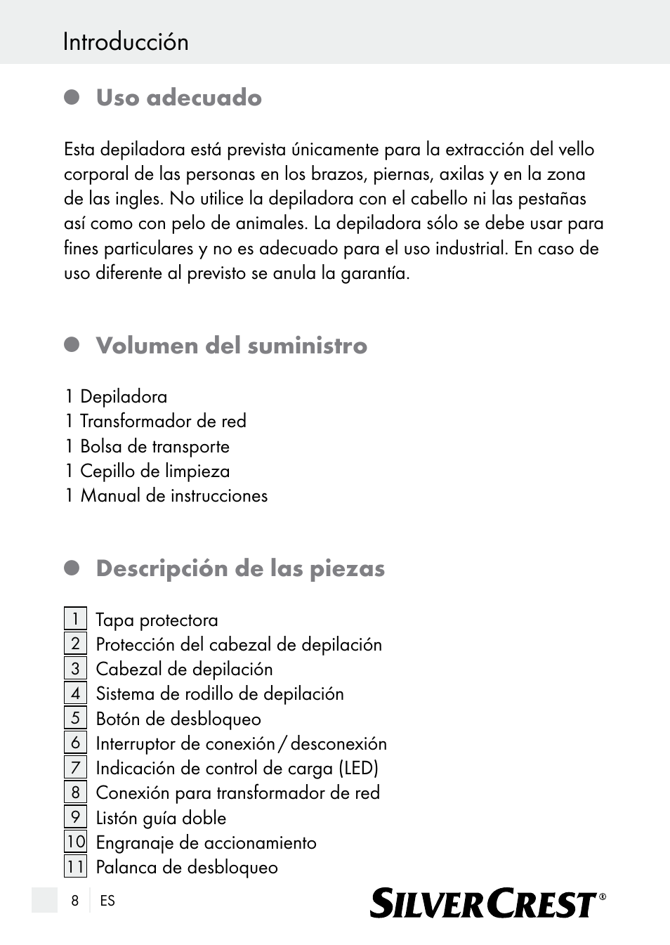 Introducción, Uso adecuado, Volumen del suministro | Descripción de las piezas | Silvercrest SE 32 A1 User Manual | Page 8 / 85