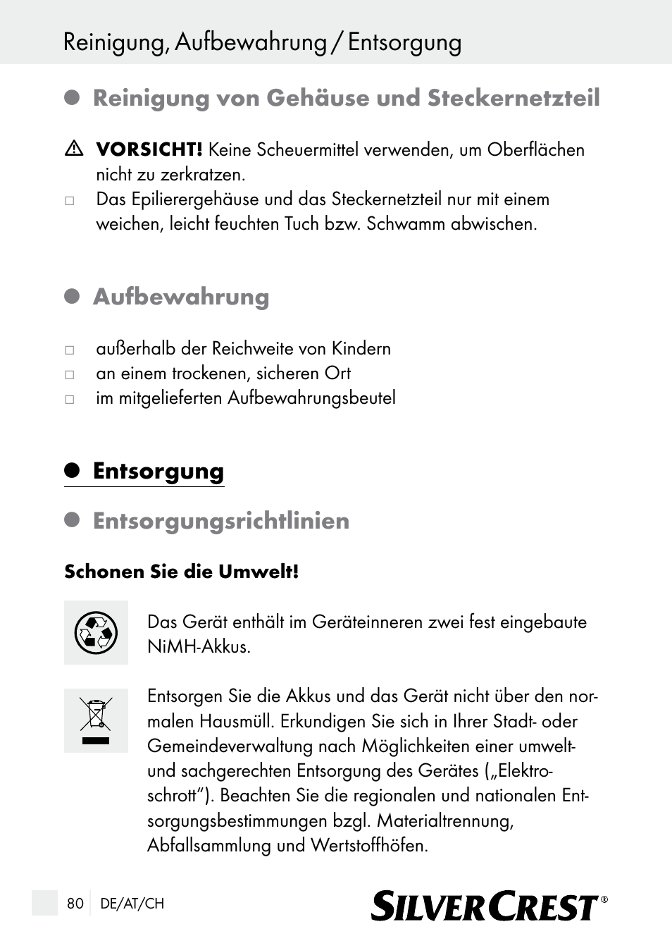 Reinigung, aufbewahrung / entsorgung, Reinigung von gehäuse und steckernetzteil, Aufbewahrung | Entsorgung, Entsorgungsrichtlinien | Silvercrest SE 32 A1 User Manual | Page 80 / 85