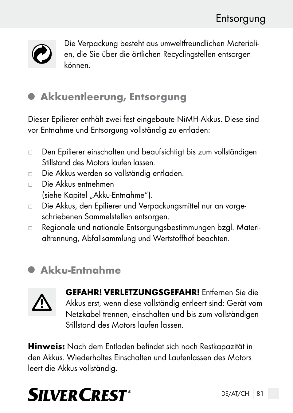 Entsorgung, Akkuentleerung, entsorgung, Akku-entnahme | Silvercrest SE 32 A1 User Manual | Page 81 / 85