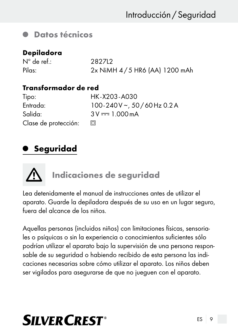 Introducción / seguridad, Datos técnicos, Seguridad indicaciones de seguridad | Silvercrest SE 32 A1 User Manual | Page 9 / 85