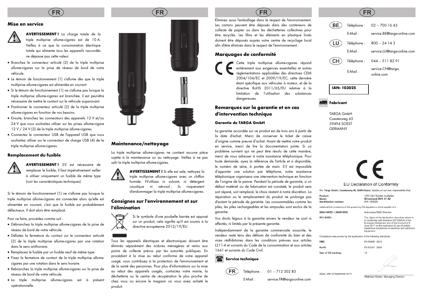 Mise en service, Maintenance/nettoyage, Consignes sur l'environnement et sur l'élimination | Marquages de conformité | Silvercrest SVK 31 A2 User Manual | Page 2 / 6