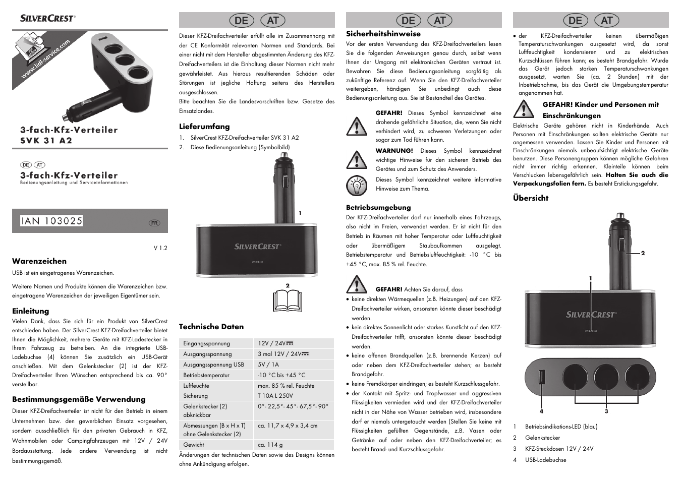 Warenzeichen, Einleitung, Bestimmungsgemäße verwendung | Lieferumfang, Technische daten, Sicherheitshinweise, Übersicht | Silvercrest SVK 31 A2 User Manual | Page 3 / 6