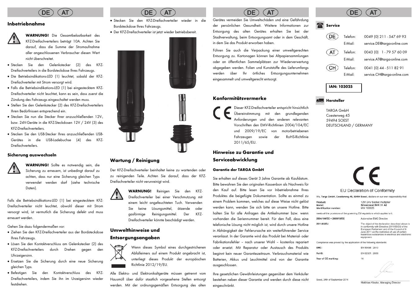 Inbetriebnahme, Wartung / reinigung, Umwelthinweise und entsorgungsangaben | Konformitätsvermerke, Hinweise zu garantie und serviceabwicklung | Silvercrest SVK 31 A2 User Manual | Page 4 / 6