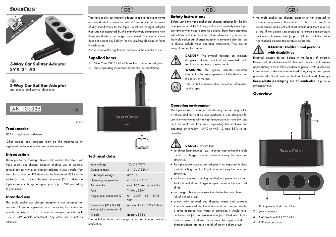 Trademarks, Introduction, Intended use | Supplied items, Technical data, Safety instructions, Overview | Silvercrest SVK 31 A2 User Manual | Page 5 / 6