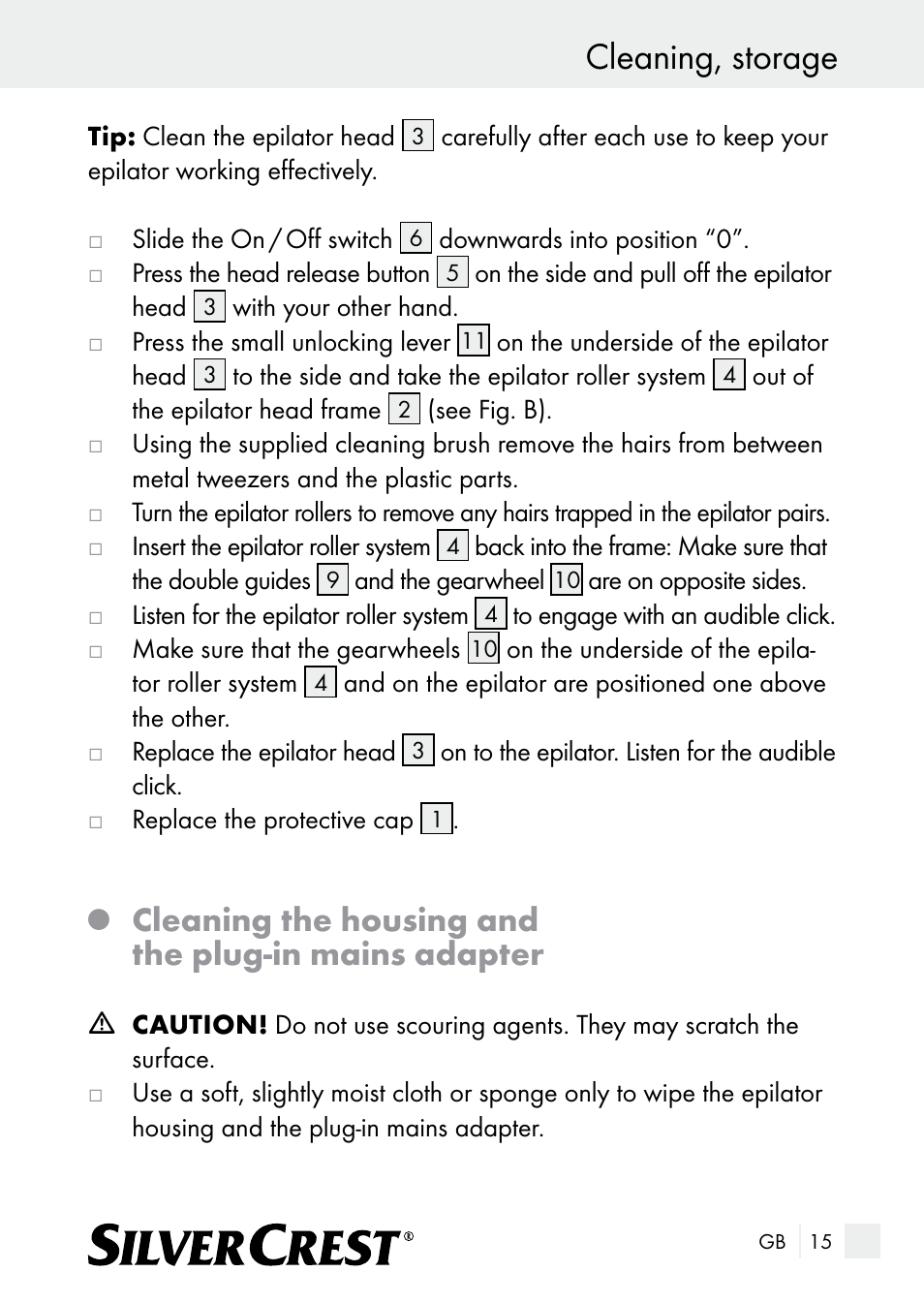 Cleaning, storage, Cleaning the housing and the plug-in mains adapter | Silvercrest SE 32 A1 User Manual | Page 15 / 103