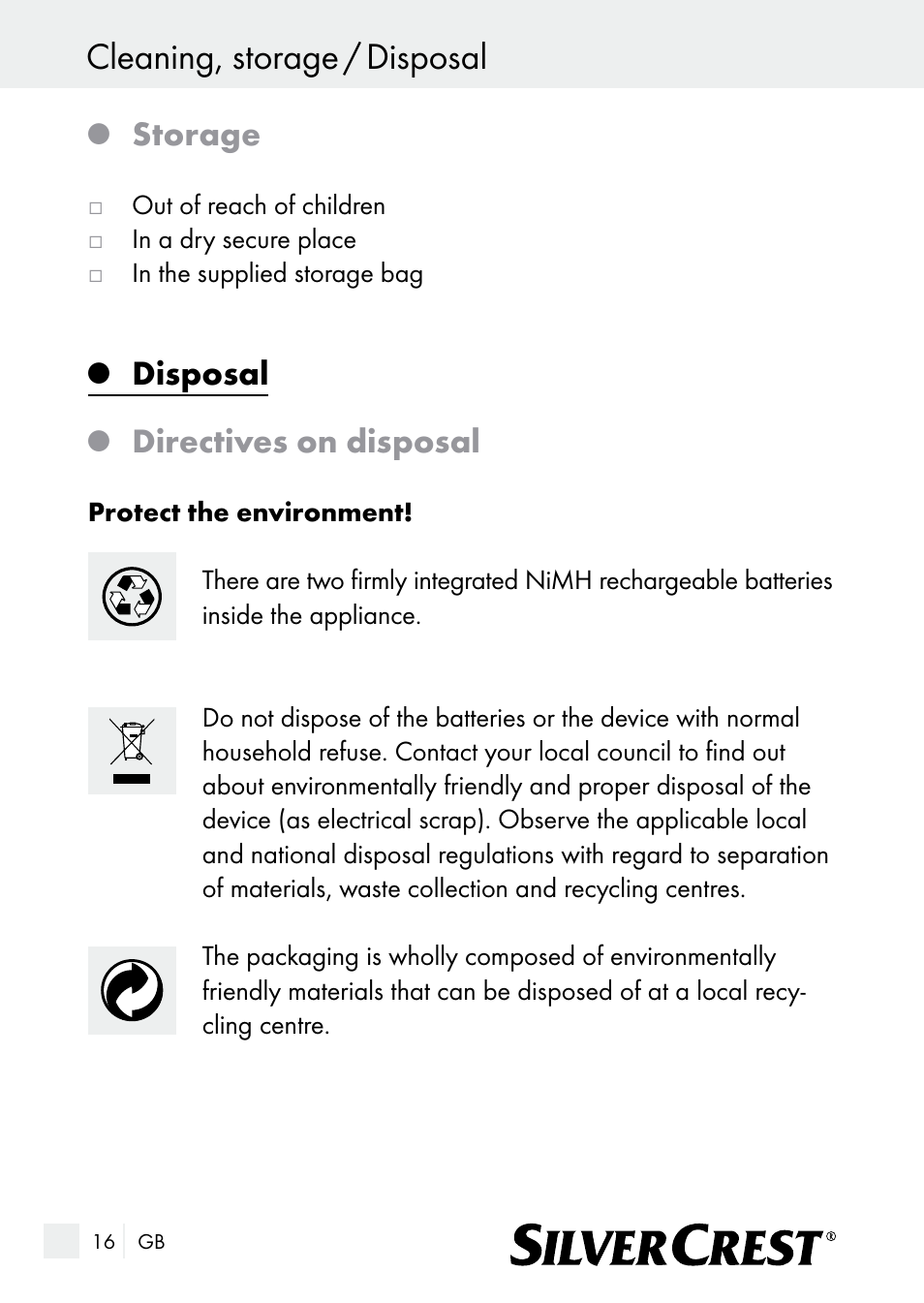 Cleaning, storage / disposal, Storage, Disposal | Directives on disposal | Silvercrest SE 32 A1 User Manual | Page 16 / 103
