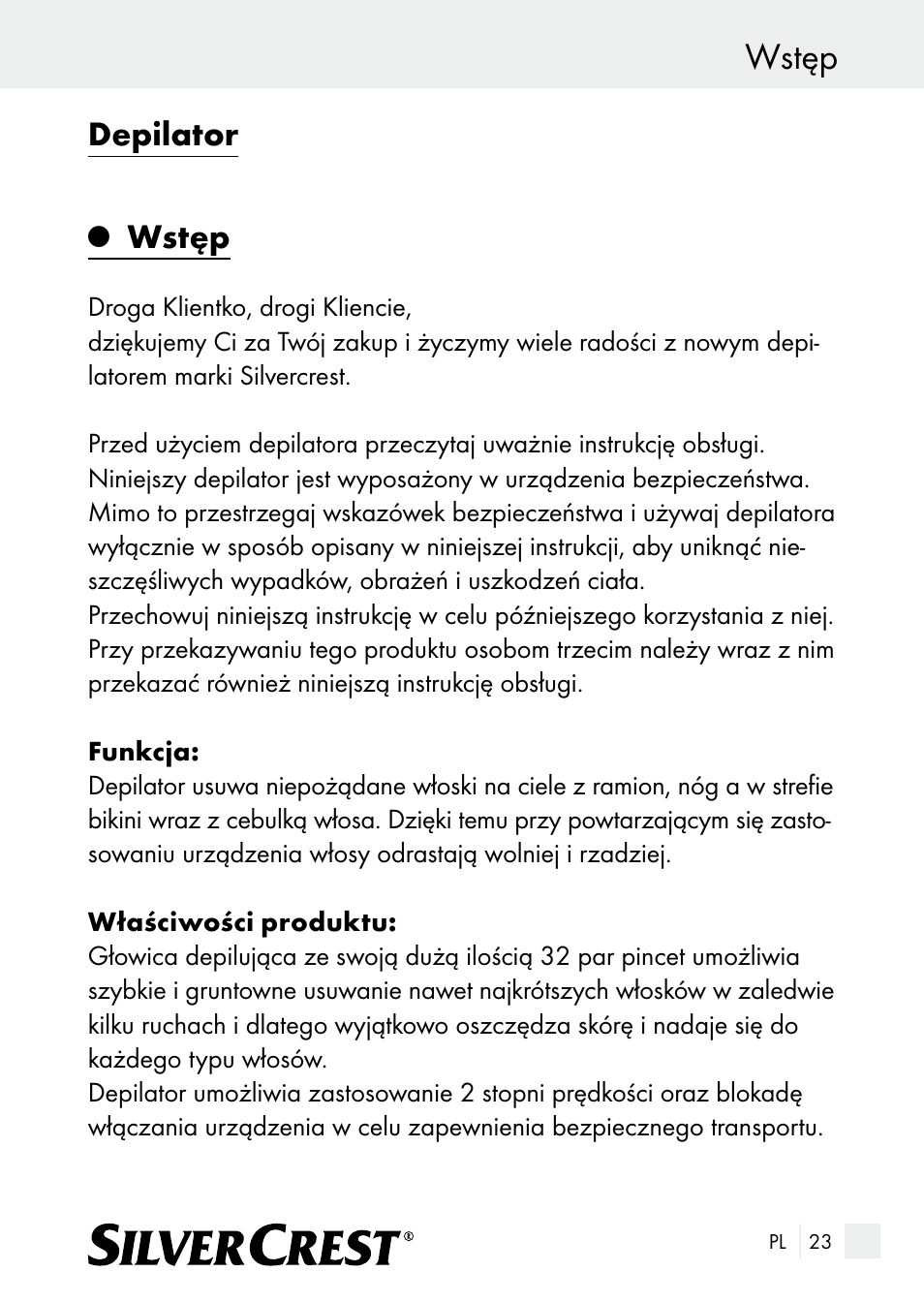 Wstęp, Depilator | Silvercrest SE 32 A1 User Manual | Page 23 / 103