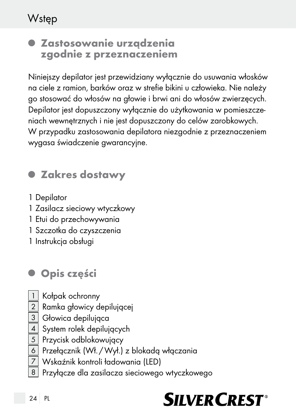 Wstęp, Zastosowanie urządzenia zgodnie z przeznaczeniem, Zakres dostawy | Opis części | Silvercrest SE 32 A1 User Manual | Page 24 / 103