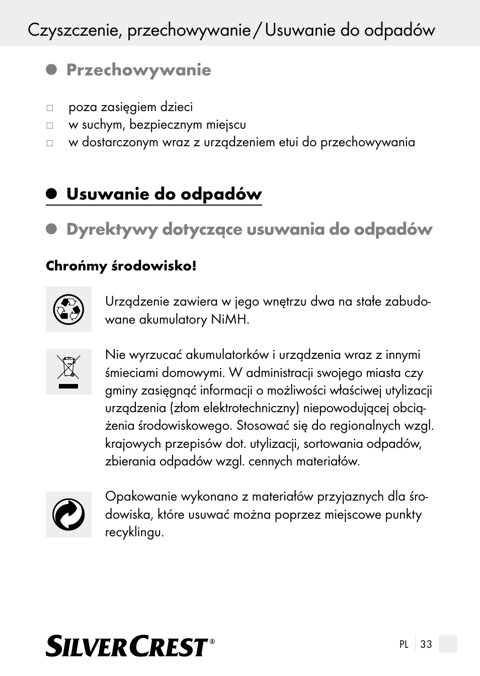 Czyszczenie, przechowywanie / usuwanie do odpadów, Przechowywanie, Usuwanie do odpadów | Dyrektywy dotyczące usuwania do odpadów | Silvercrest SE 32 A1 User Manual | Page 33 / 103