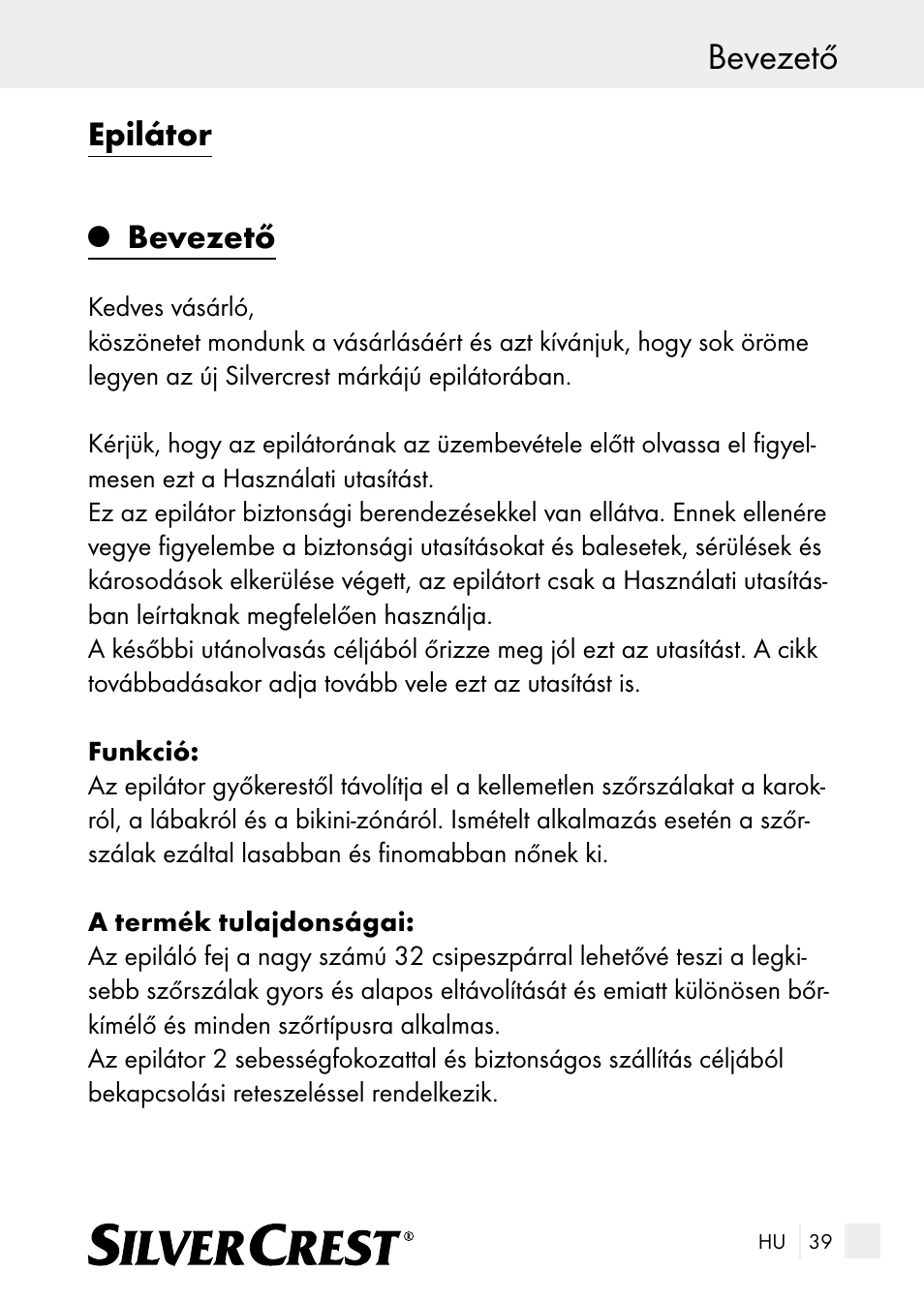 Bevezető, Epilátor | Silvercrest SE 32 A1 User Manual | Page 39 / 103