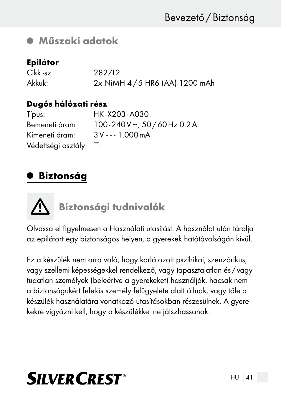 Bevezető / biztonság, Műszaki adatok, Biztonság biztonsági tudnivalók | Silvercrest SE 32 A1 User Manual | Page 41 / 103