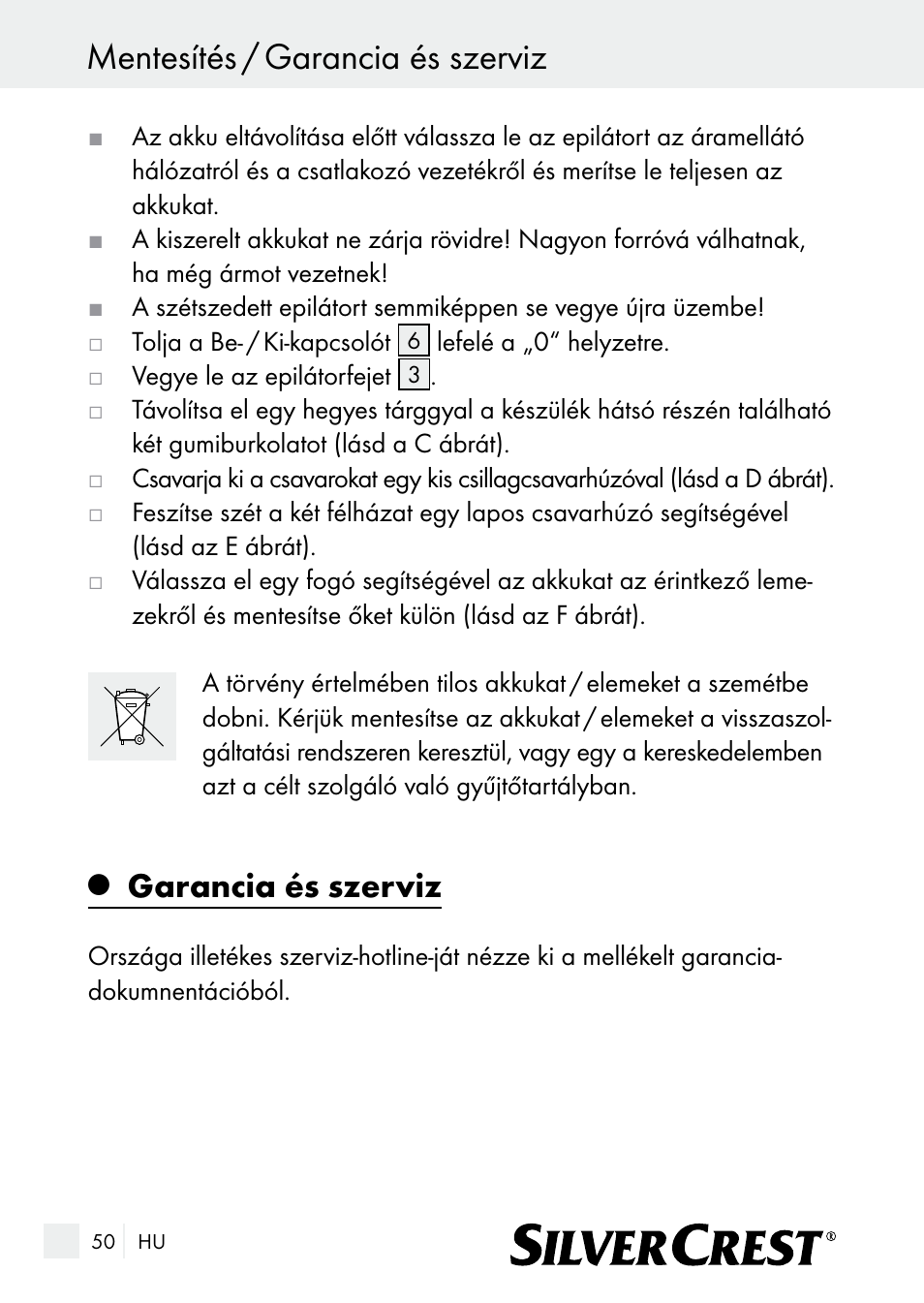 Mentesítés / garancia és szerviz, Garancia és szerviz | Silvercrest SE 32 A1 User Manual | Page 50 / 103