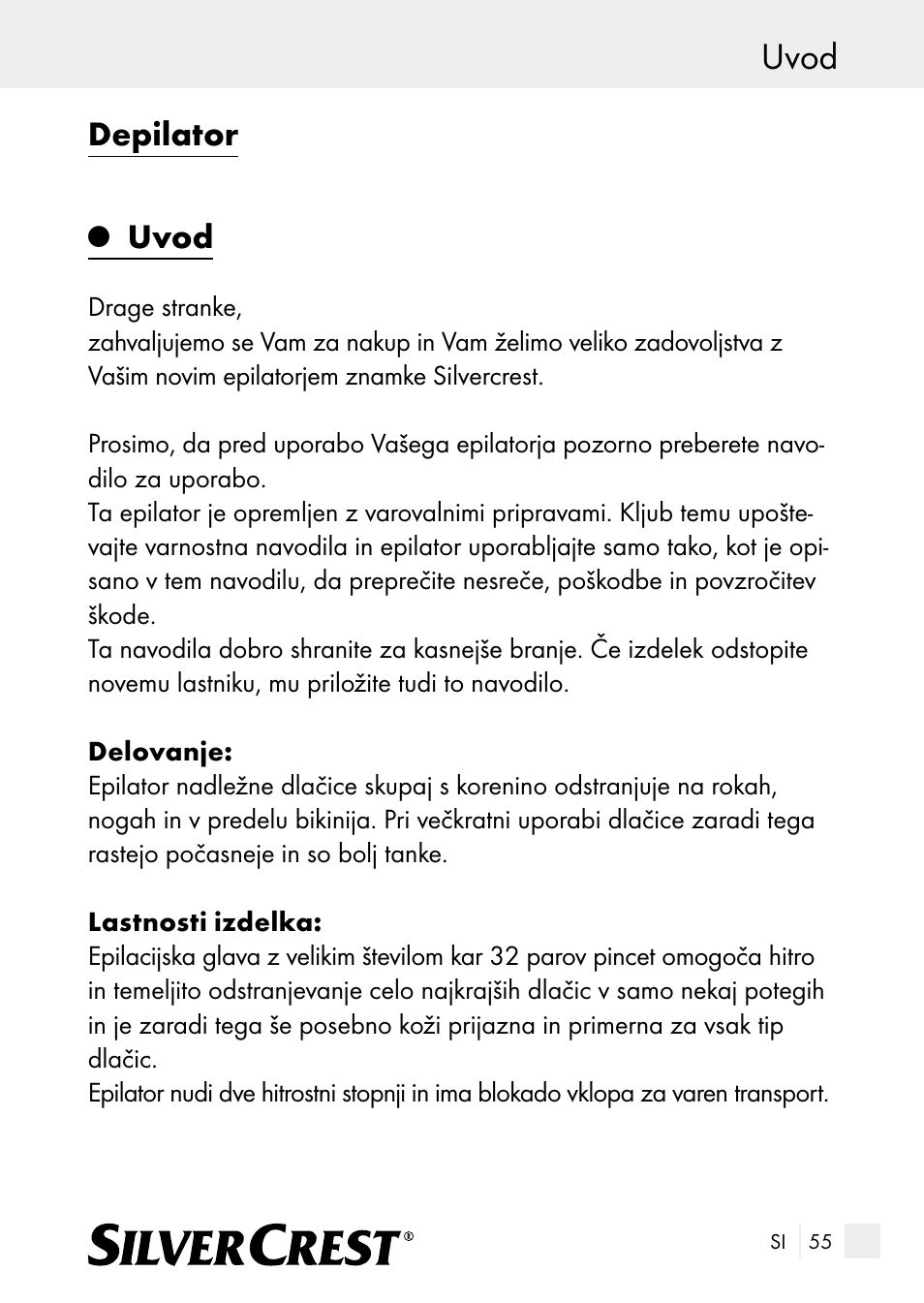 Uvod, Depilator | Silvercrest SE 32 A1 User Manual | Page 55 / 103