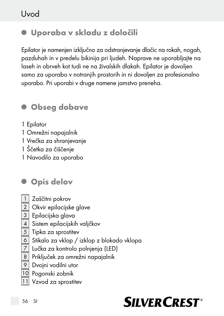 Uvod, Uporaba v skladu z določili, Obseg dobave | Opis delov | Silvercrest SE 32 A1 User Manual | Page 56 / 103