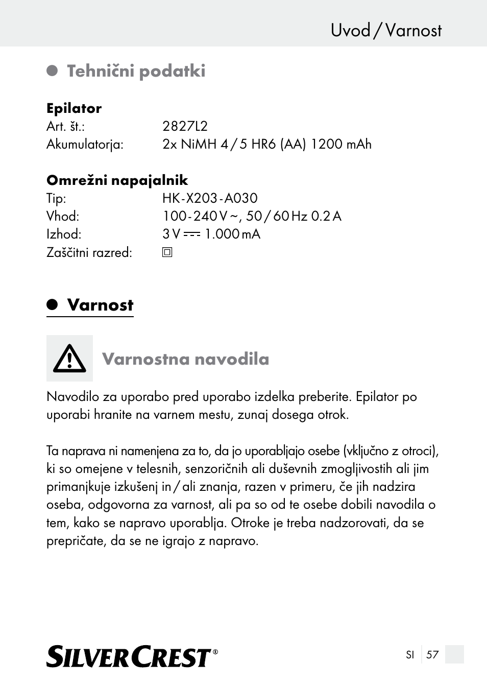 Uvod / varnost, Tehnični podatki, Varnost varnostna navodila | Silvercrest SE 32 A1 User Manual | Page 57 / 103