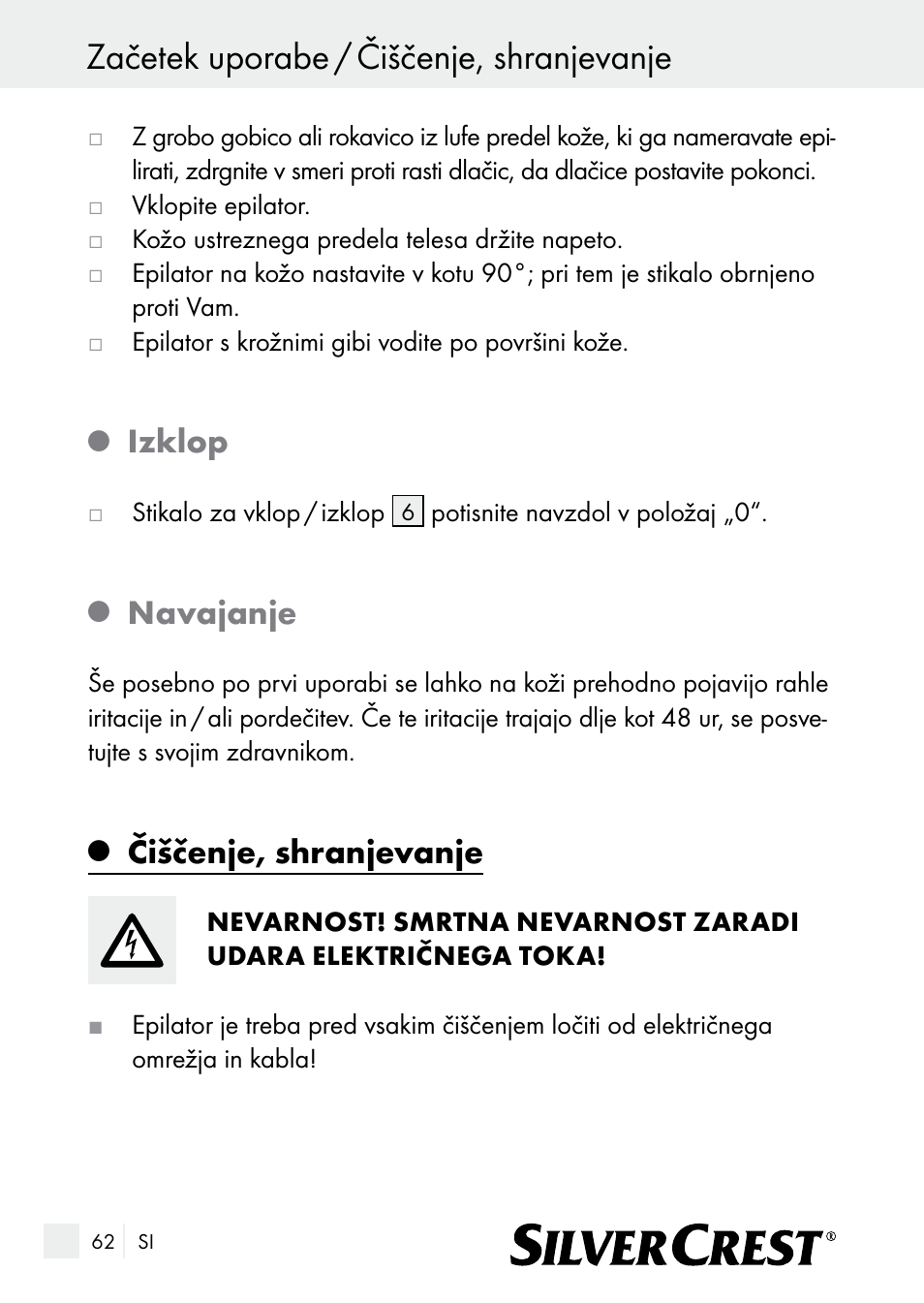 Začetek uporabe / čiščenje, shranjevanje, Izklop, Navajanje | Čiščenje, shranjevanje | Silvercrest SE 32 A1 User Manual | Page 62 / 103