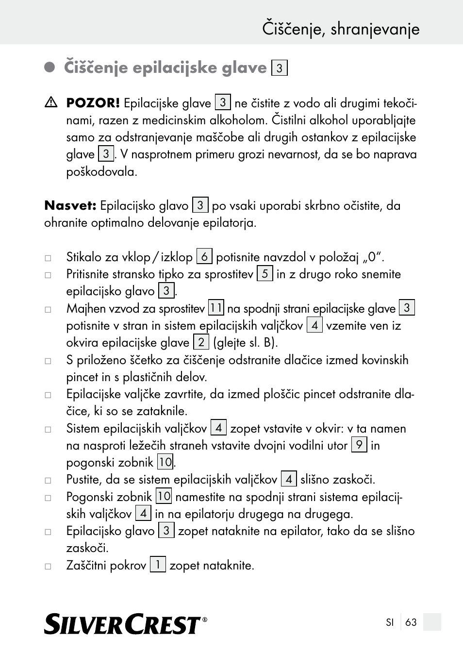 Čiščenje, shranjevanje, Čiščenje epilacijske glave | Silvercrest SE 32 A1 User Manual | Page 63 / 103