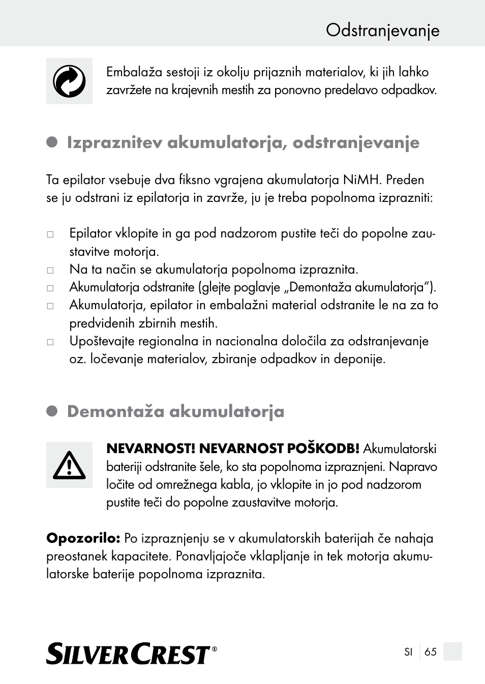 Odstranjevanje, Izpraznitev akumulatorja, odstranjevanje, Demontaža akumulatorja | Silvercrest SE 32 A1 User Manual | Page 65 / 103