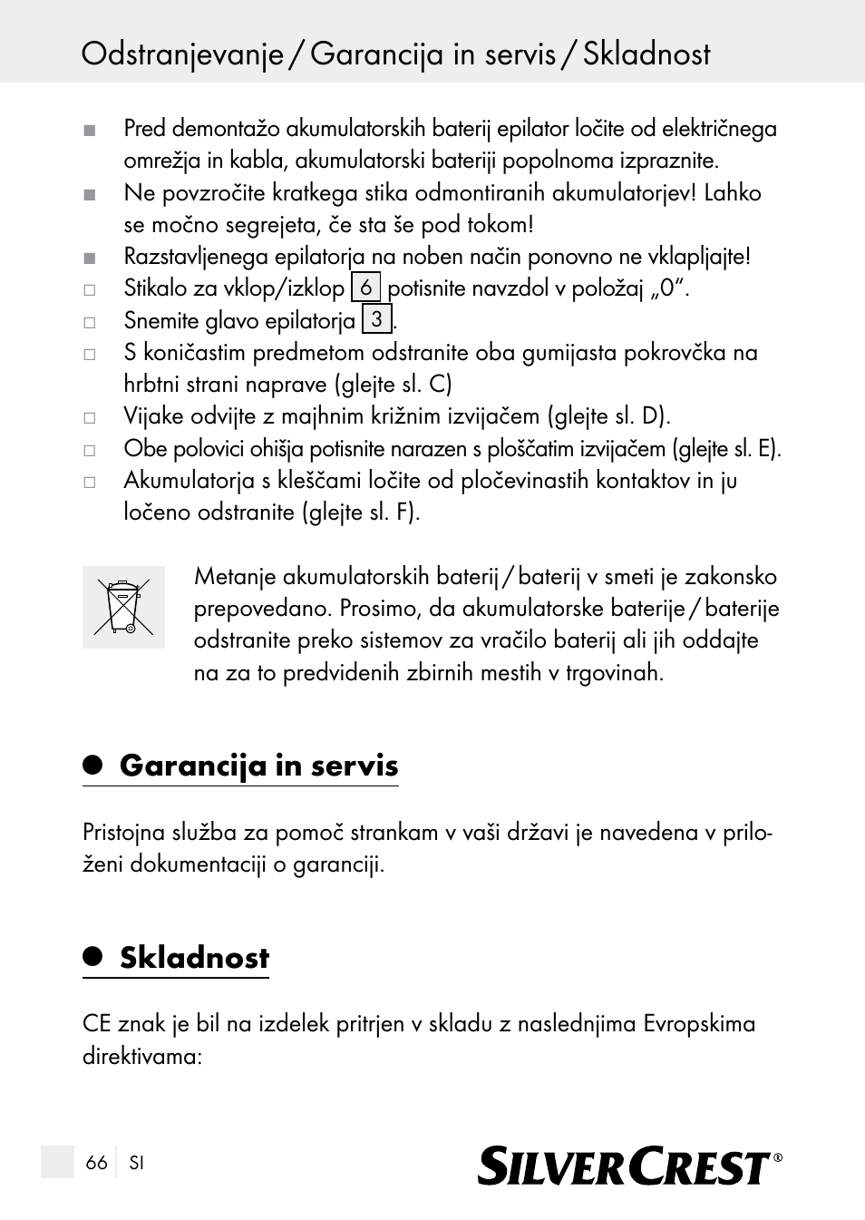 Odstranjevanje / garancija in servis / skladnost, Garancija in servis, Skladnost | Silvercrest SE 32 A1 User Manual | Page 66 / 103