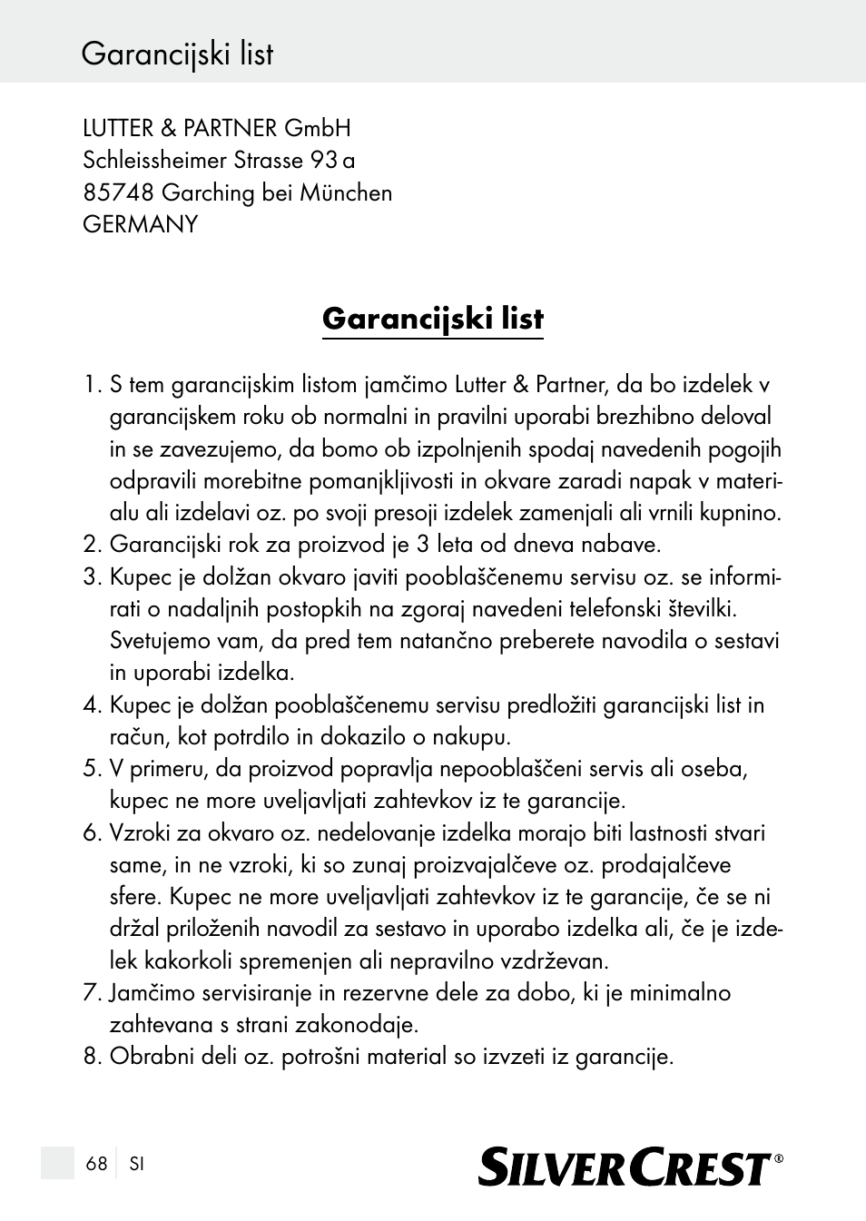 Garancijski list | Silvercrest SE 32 A1 User Manual | Page 68 / 103