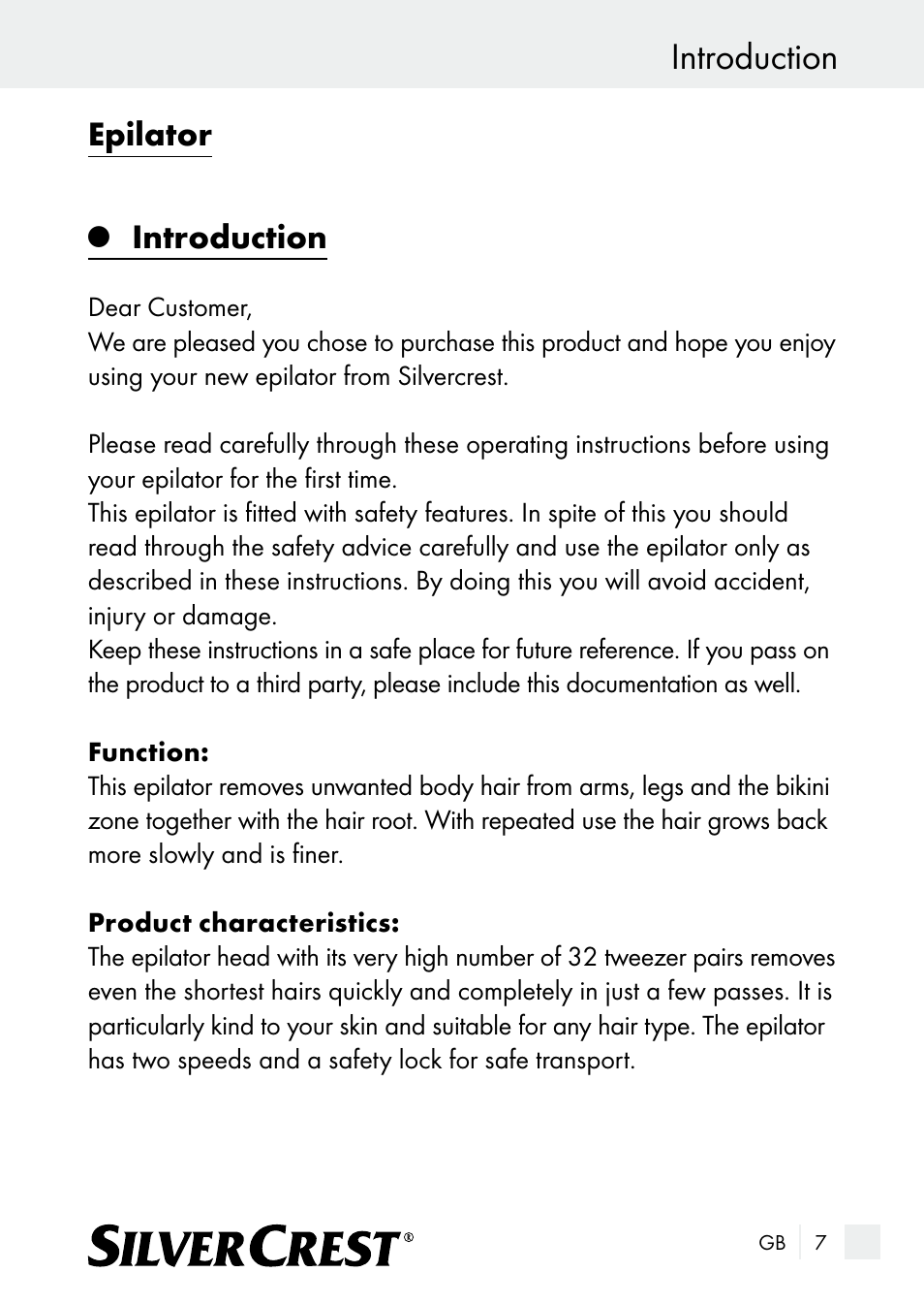 Introduction, Epilator | Silvercrest SE 32 A1 User Manual | Page 7 / 103