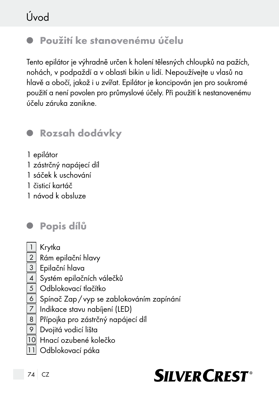 Úvod, Použití ke stanovenému účelu, Rozsah dodávky | Popis dílů | Silvercrest SE 32 A1 User Manual | Page 74 / 103